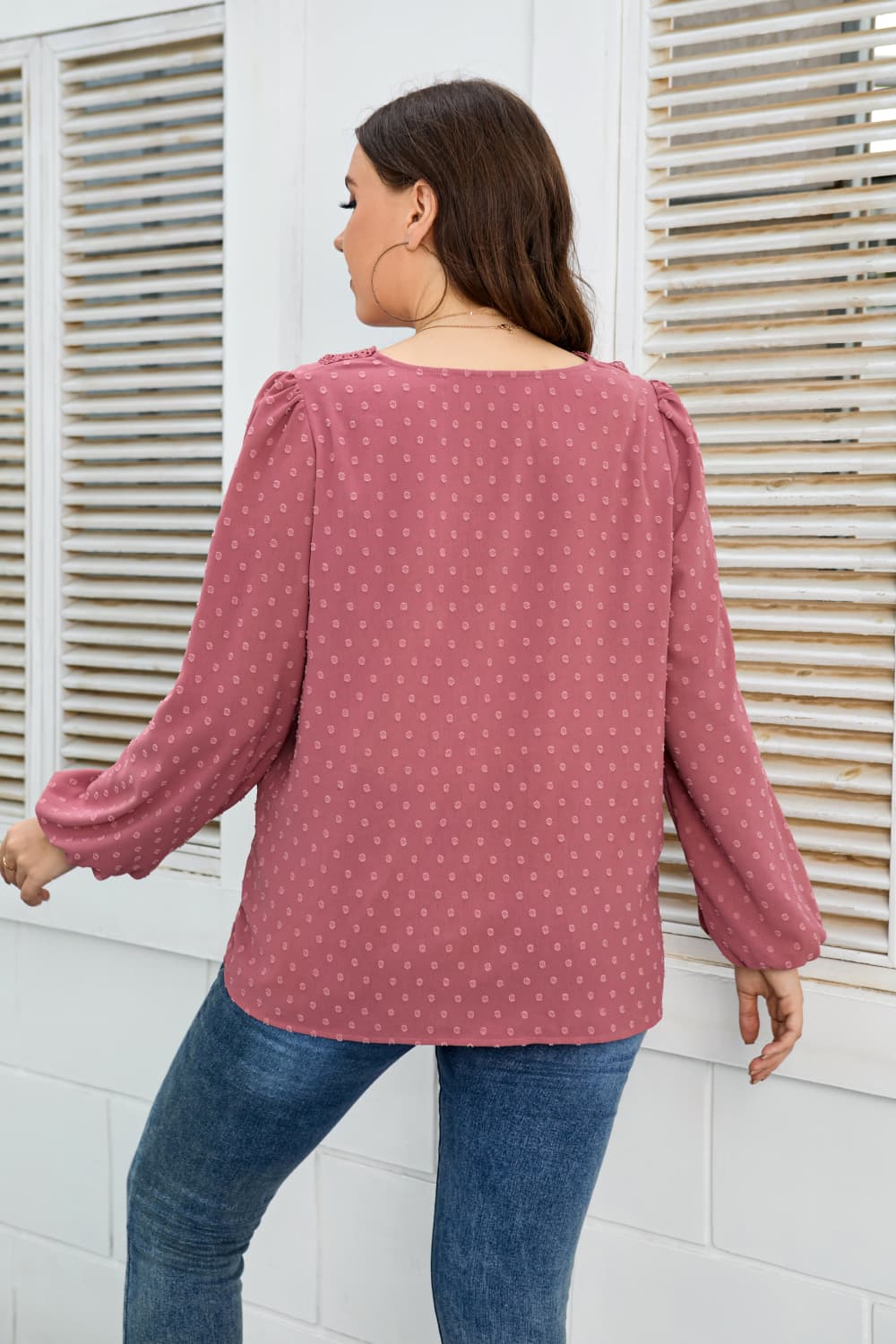 Lace trim V-neck Swiss dot balloon sleeve blouse