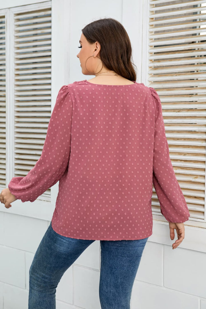 Lace trim V-neck Swiss dot balloon sleeve blouse