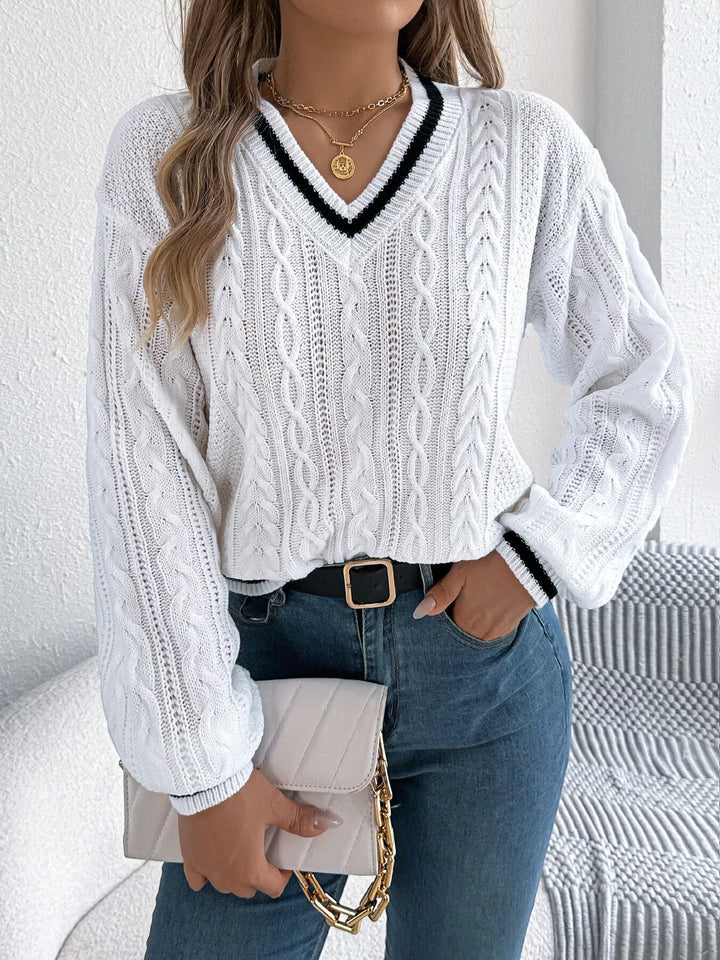 Mixed cable knit drop shoulder V-neck pullover sweater