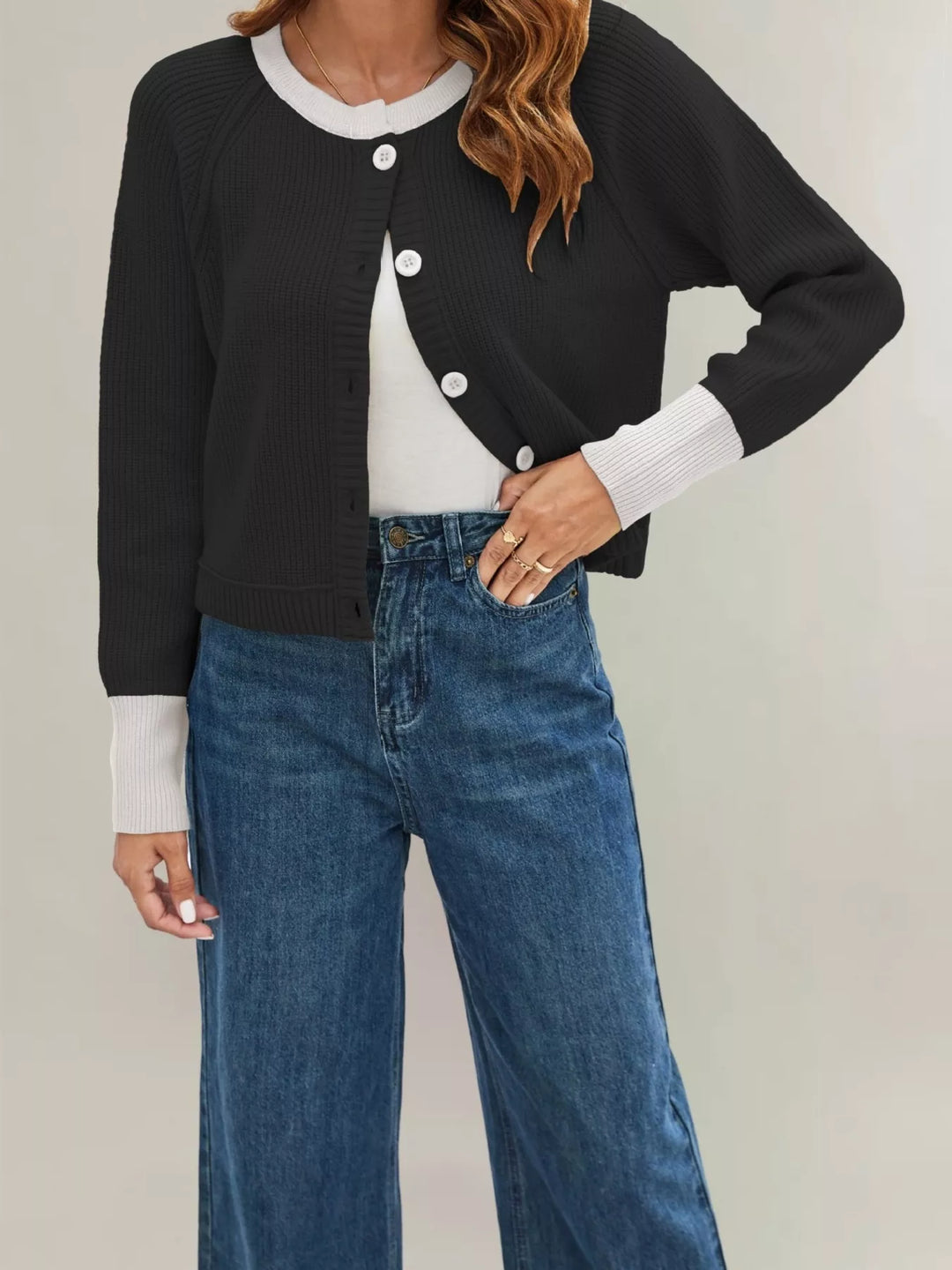 Black Ribbed knit cardigan with contrast trim and button front