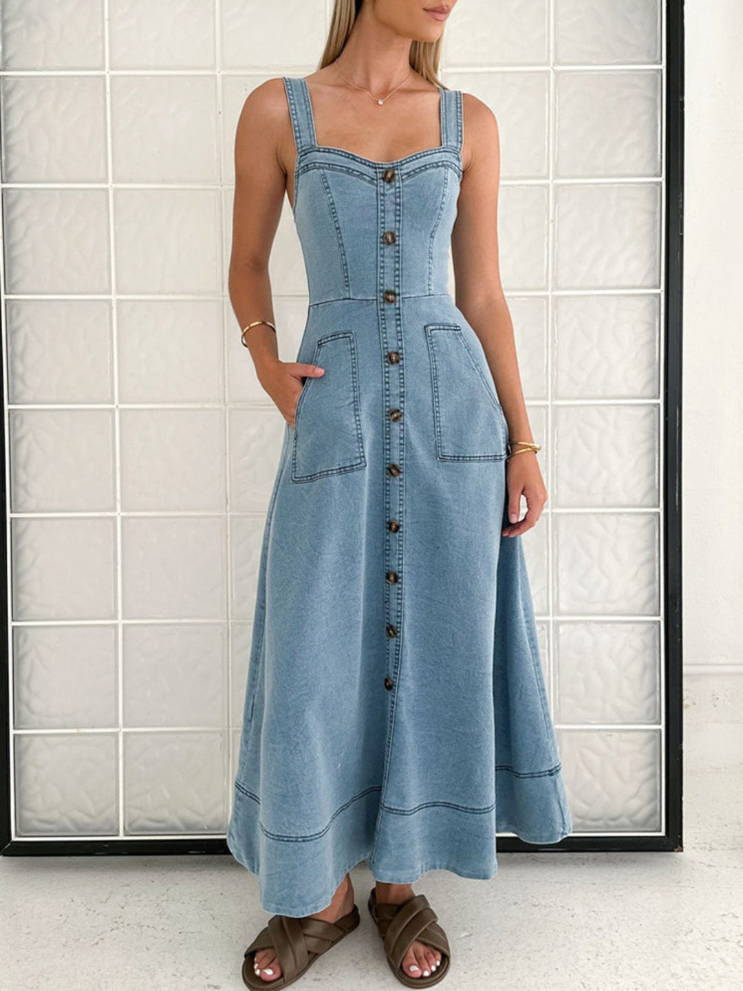 Sleeveless button-front A-line denim maxi dress
