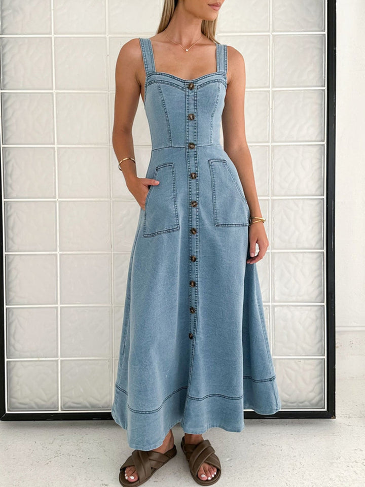 Sleeveless button-front A-line denim maxi dress