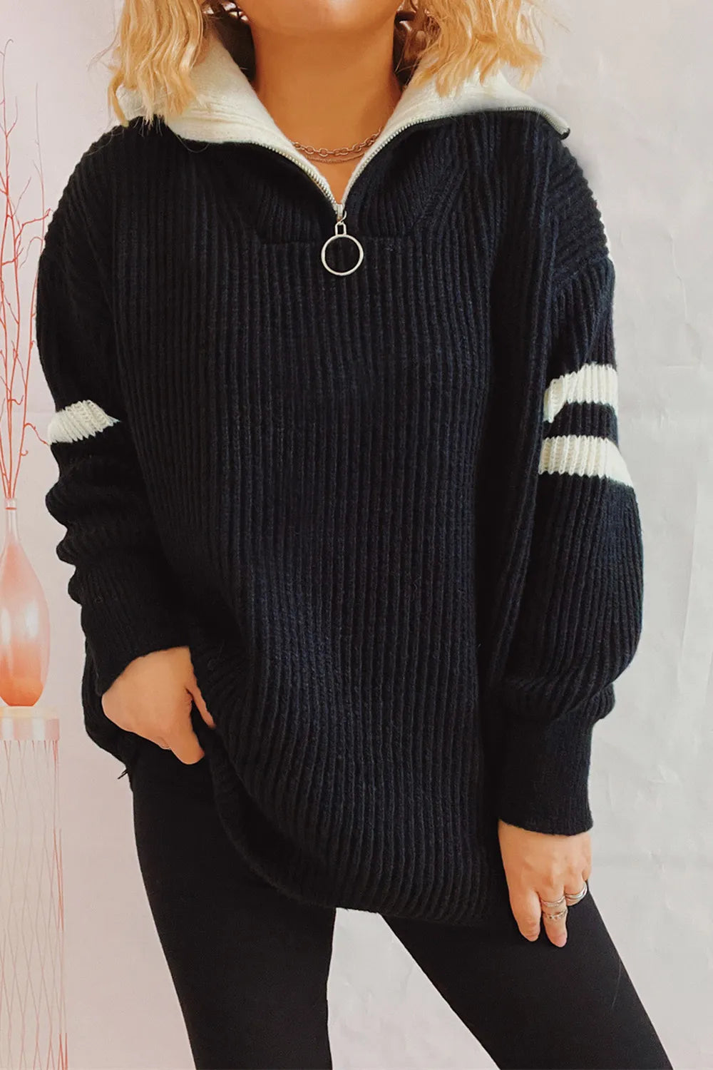 Black Quarter-zip ribbed knit sweater with striped sleeves