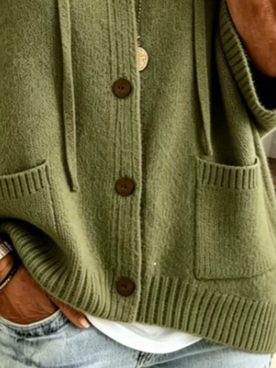Hooded button-down knit cardigan with patch pockets