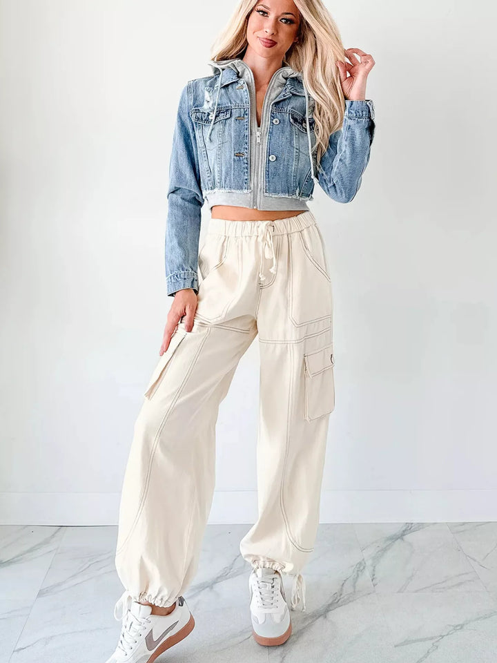 Distressed cropped hooded denim jacket with zip front