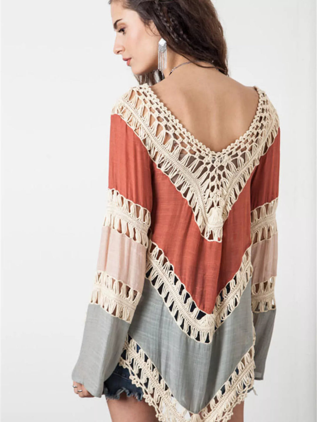 Crochet trim color block long sleeve beach cover-up
