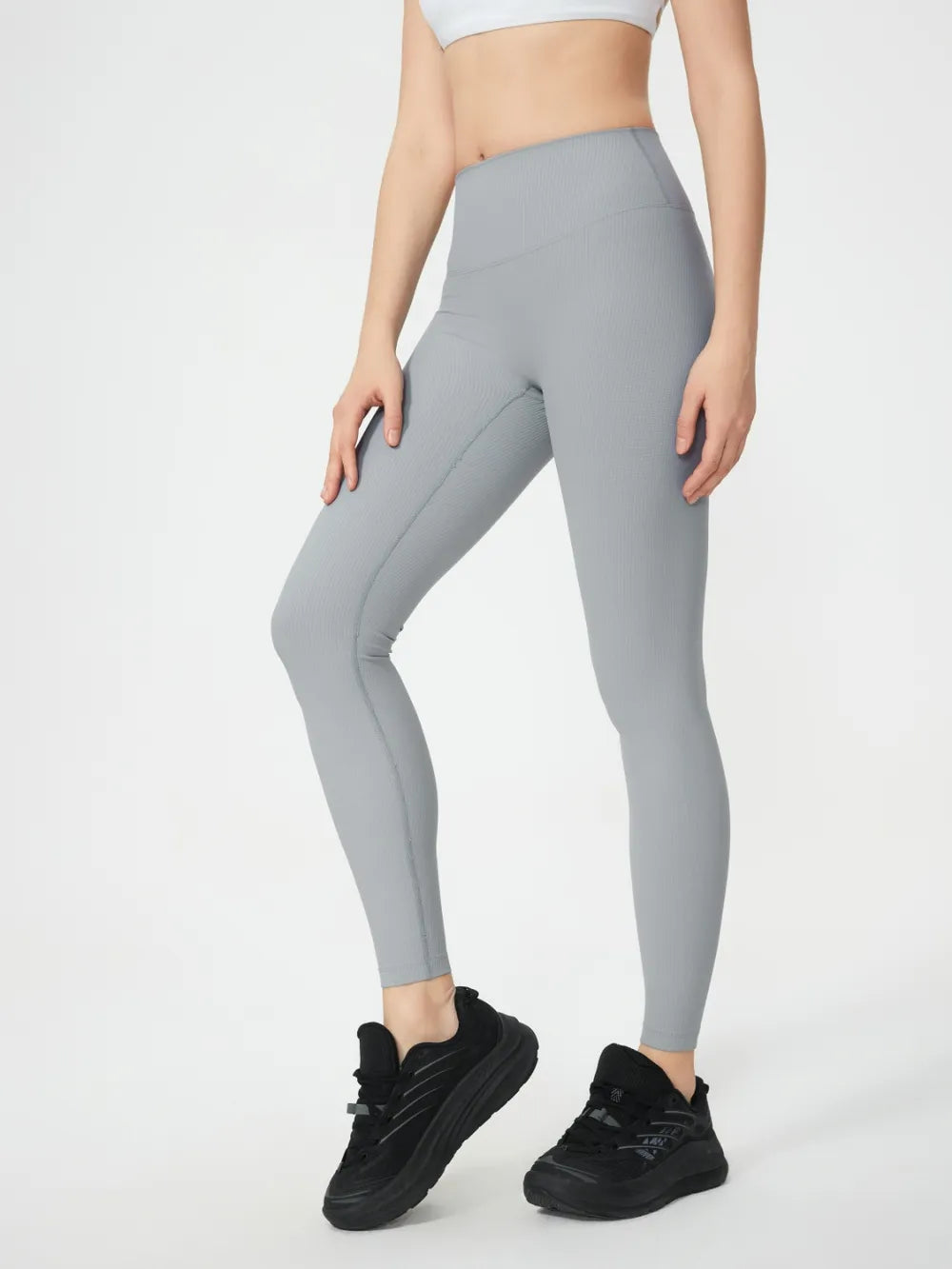 Light Gray Ribbed high-waist active leggings with contoured waistband