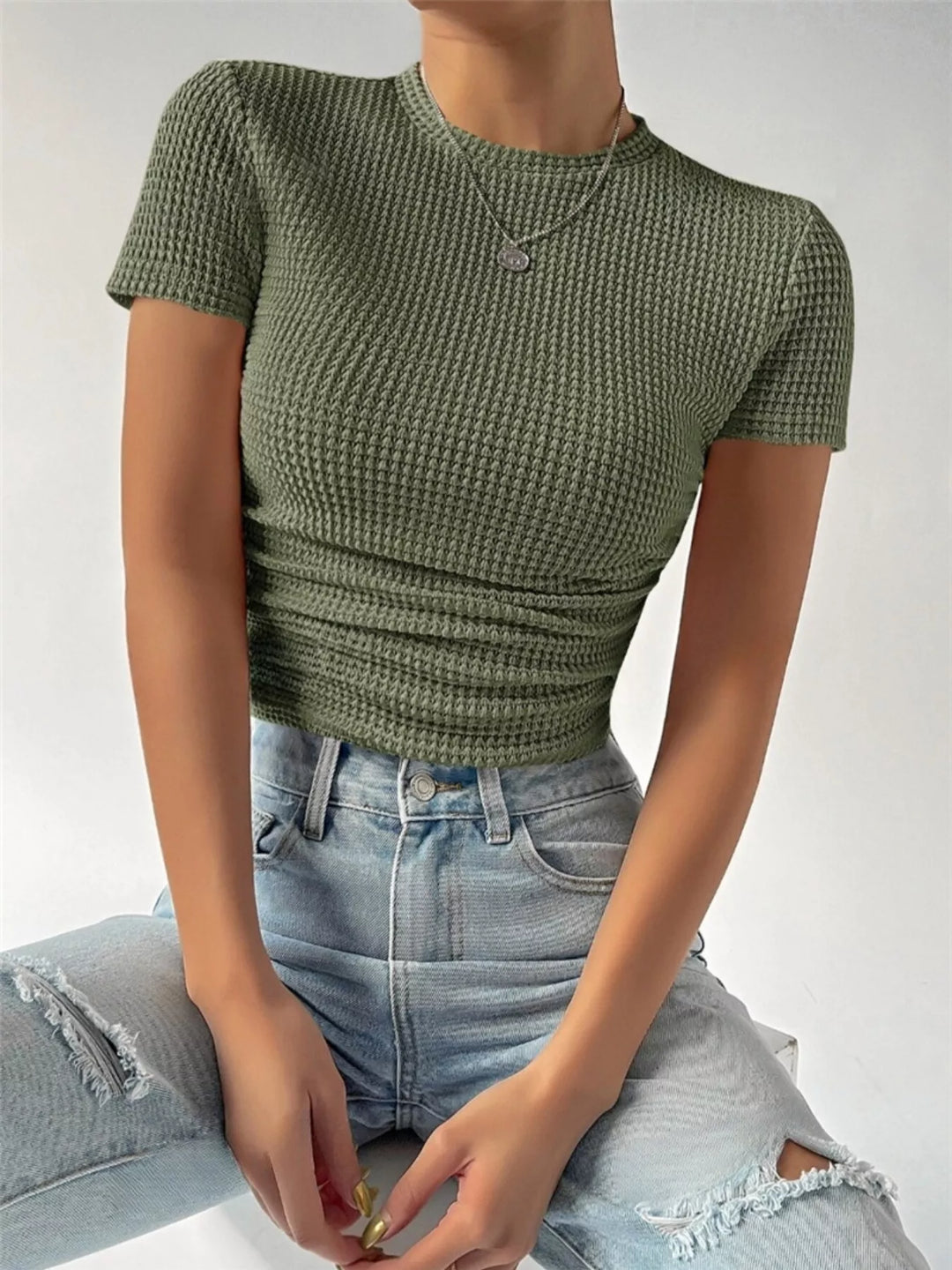 Textured waffle knit slim-fit crew neck tee