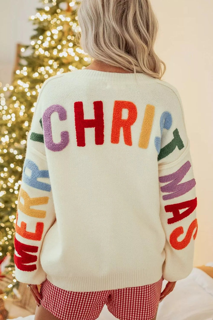 Ho Ho Ho chenille letter button-up knit cardigan