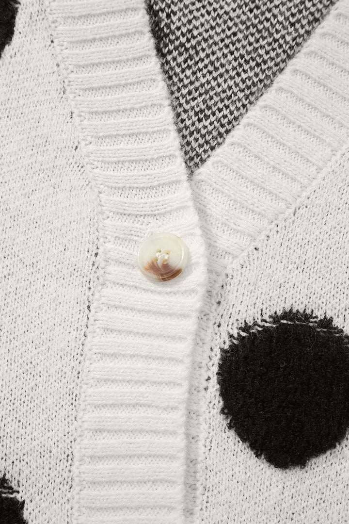 Fuzzy polka dot button-up knit cardigan with pockets