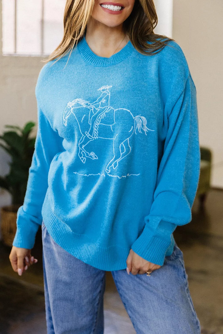 Sky Blue Embroidered bronco rider drop shoulder crewneck sweater