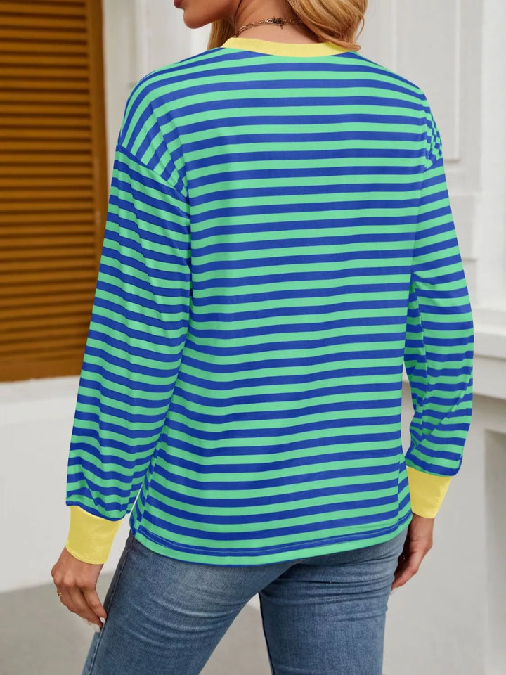 Contrast-trim striped long sleeve crew neck top