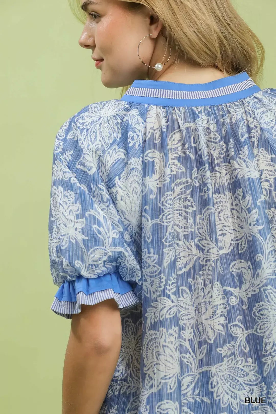 Floral print puff sleeve top with striped contrast trim