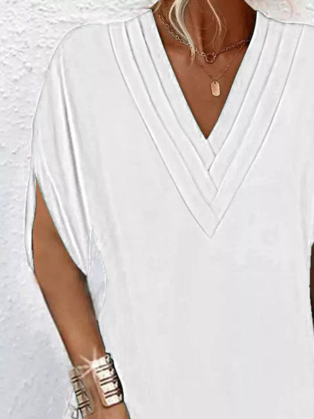 Pleated V-neck split sleeve relaxed mini dress