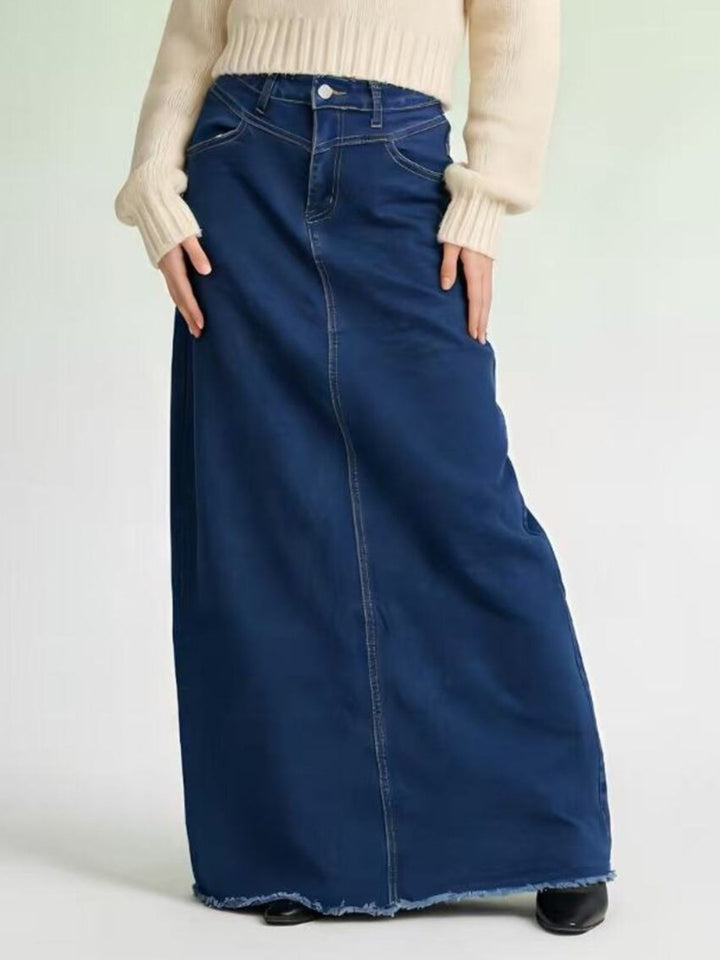Dark Blue Raw hem maxi denim skirt with button closure and front pockets