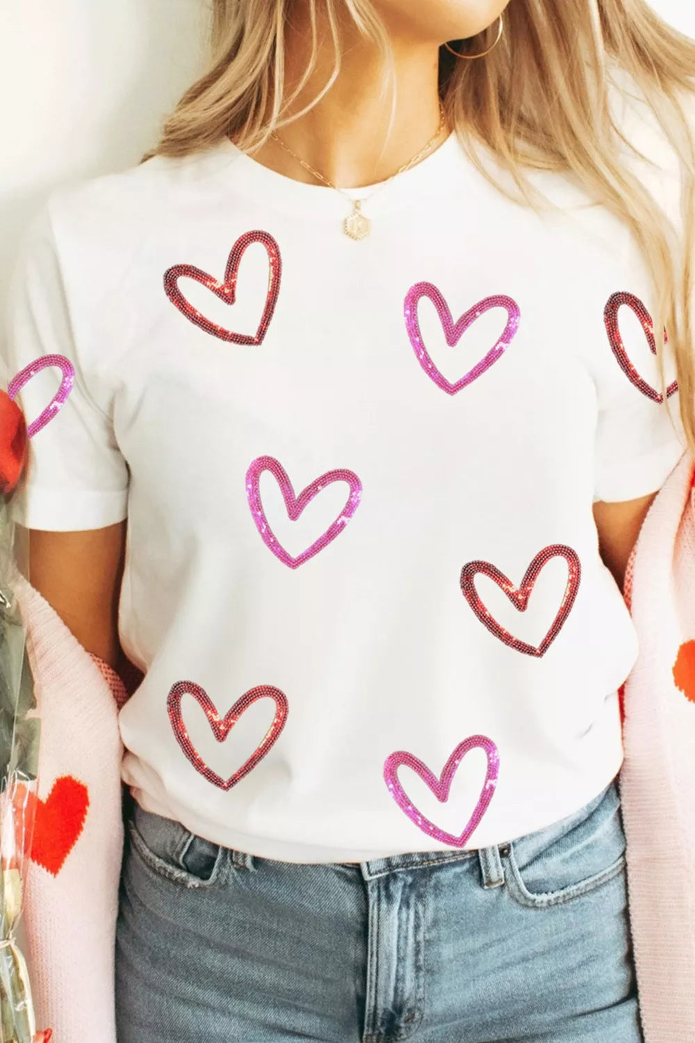 Sequin heart crew neck short sleeve tee