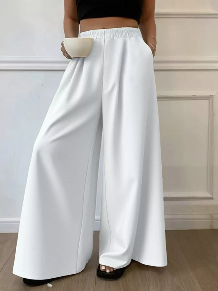 White Plus Size Elastic Waist Wide Leg Pants