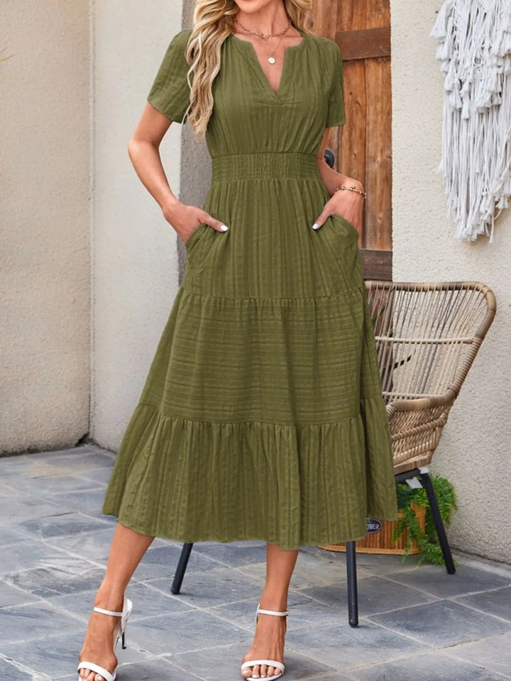 Moss Tiered notched neck short sleeve midi dress with pockets