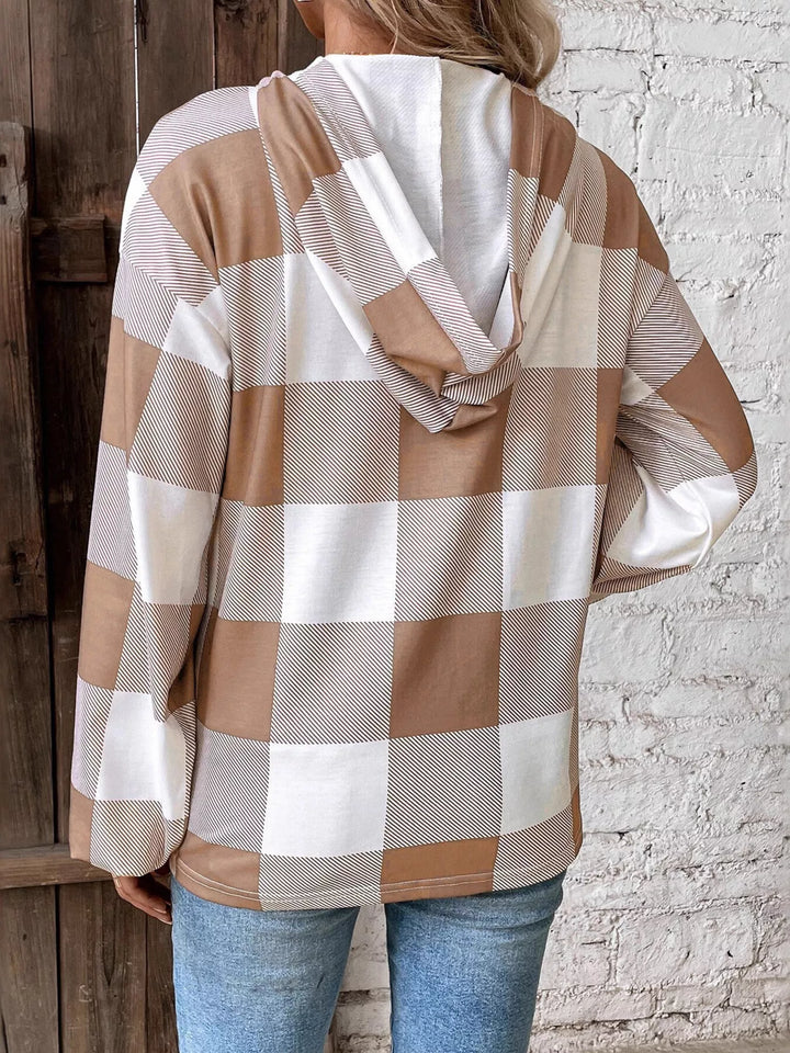 Buffalo plaid button-neck hoodie with drawstring hood