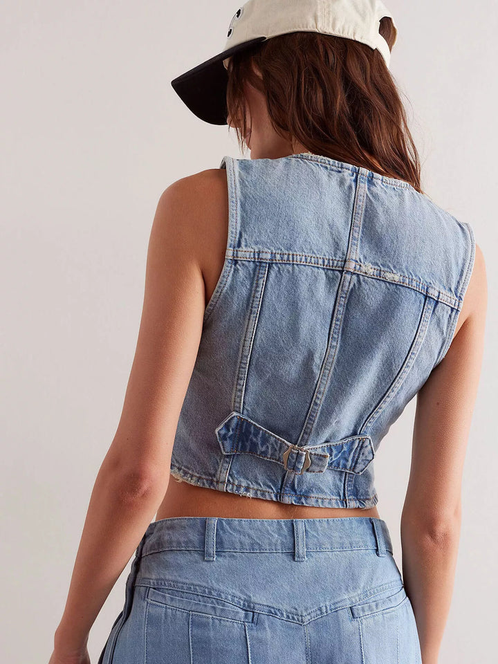 Acid wash button-up denim vest with pointed hem