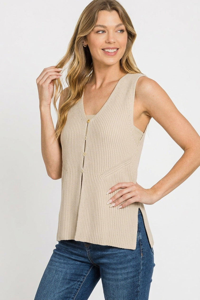 Ribbed knit sweater vest with button-front placket