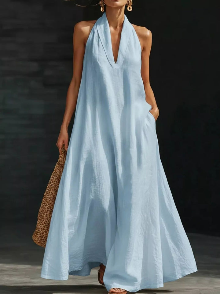 Light Blue Halter neck flowy maxi dress with side pockets