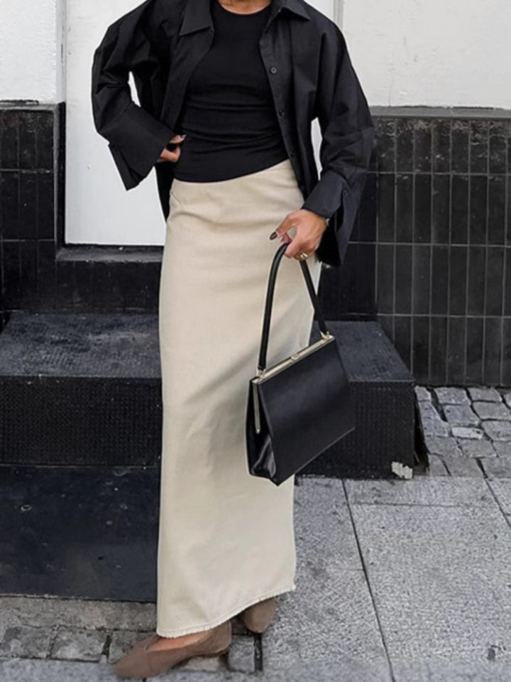 Straight-cut cotton midi skirt with back slit