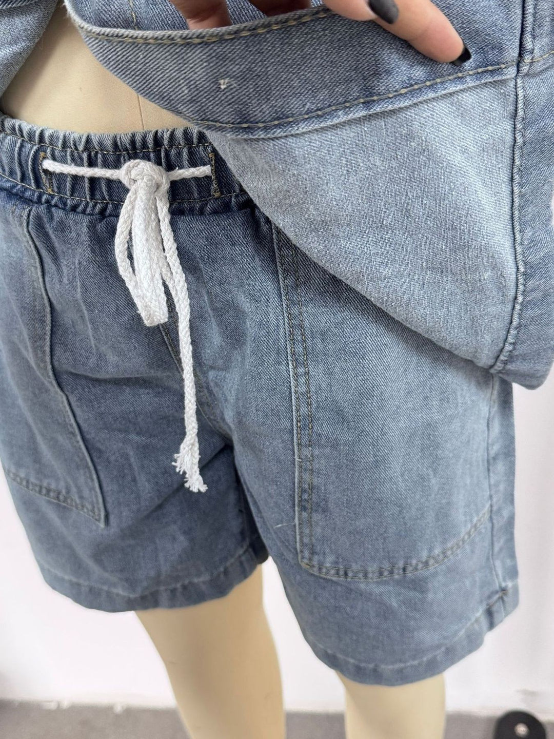 Short sleeve denim shirt and drawstring shorts set