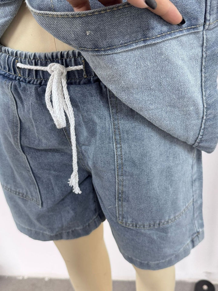 Short sleeve denim shirt and drawstring shorts set