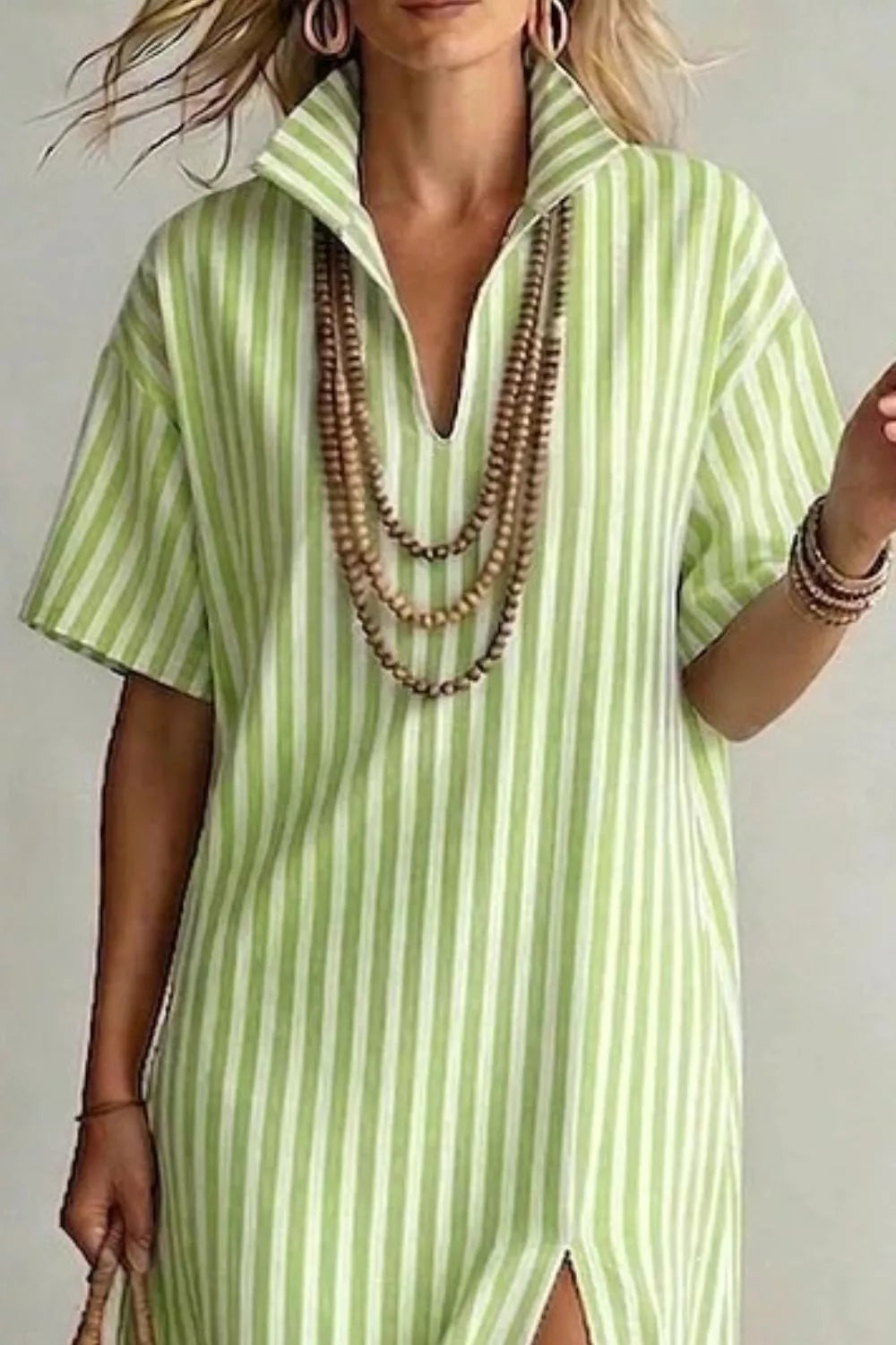 Striped collared maxi dress with high front slit