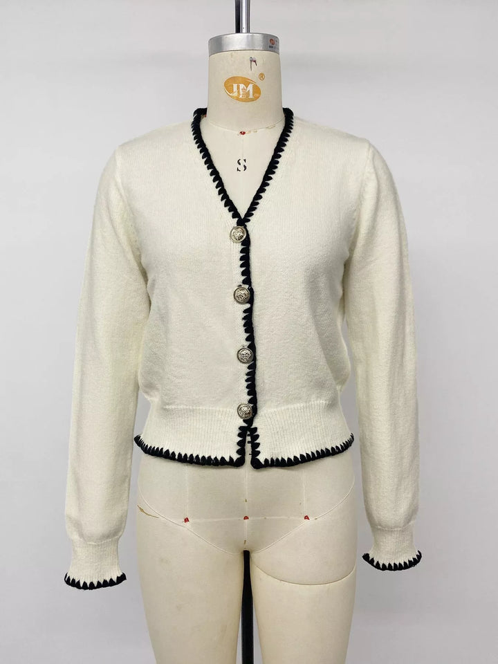 Contrast whipstitch trim V-neck button-front knit cardigan