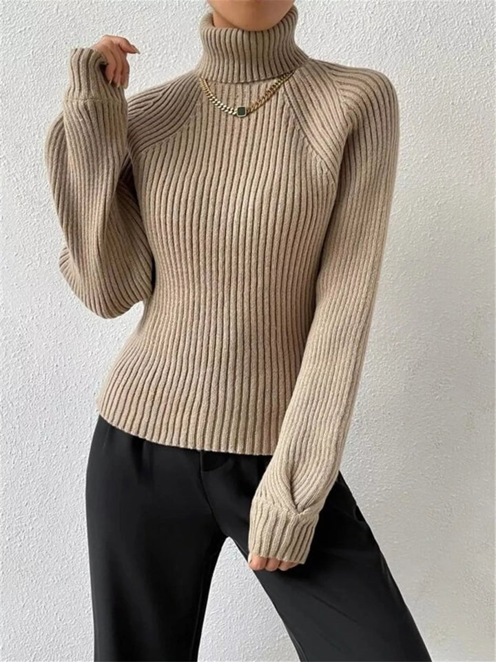 Mocha Ribbed knit turtleneck sweater with fitted long sleeves