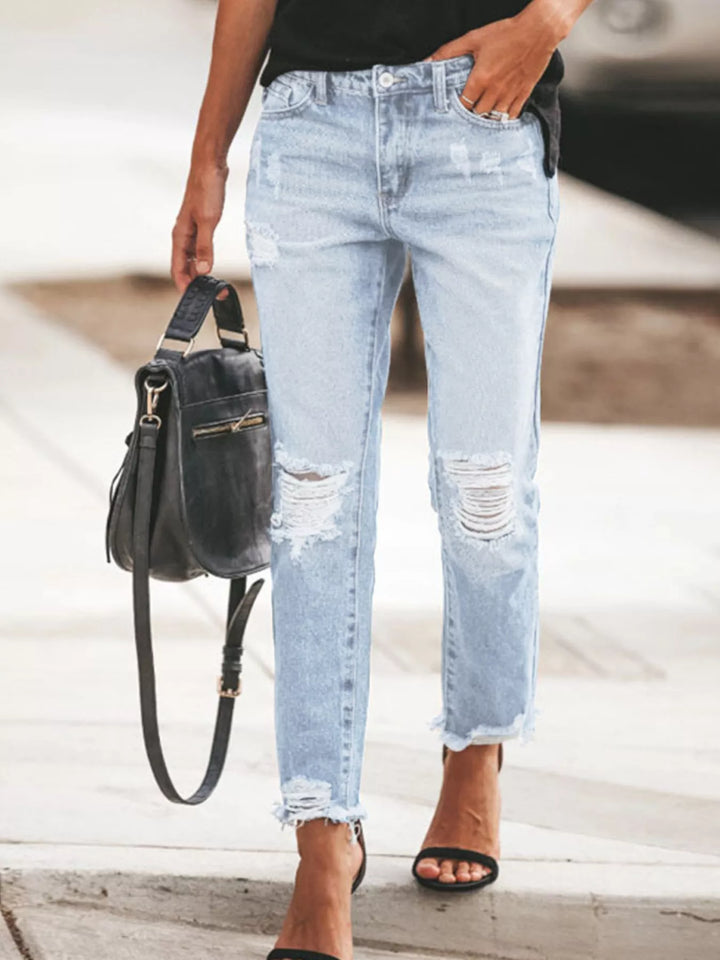 Light Blue Distressed straight-leg ankle jeans with raw hem