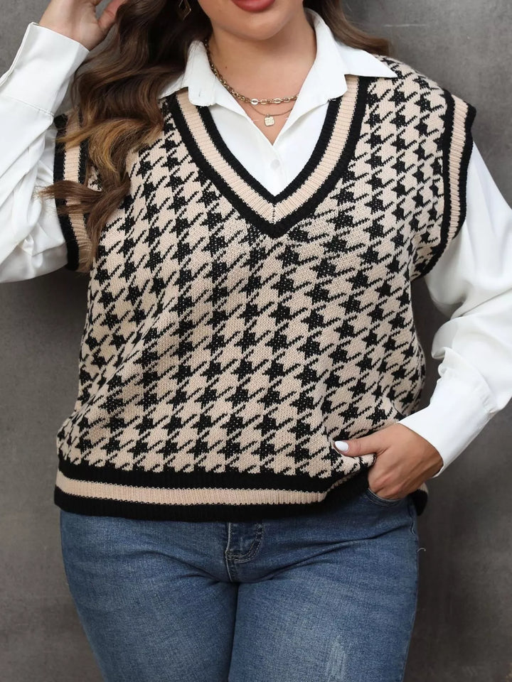 Apricot Houndstooth V-neck knit sweater vest with striped rib trim