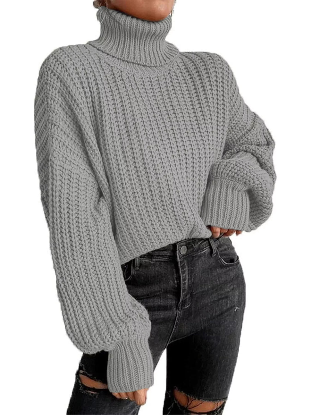 Chunky waffle knit turtleneck sweater with balloon sleeves
