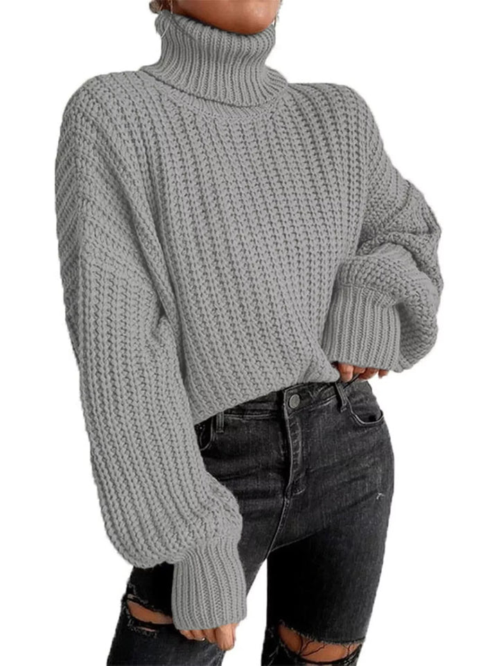 Chunky waffle knit turtleneck sweater with balloon sleeves