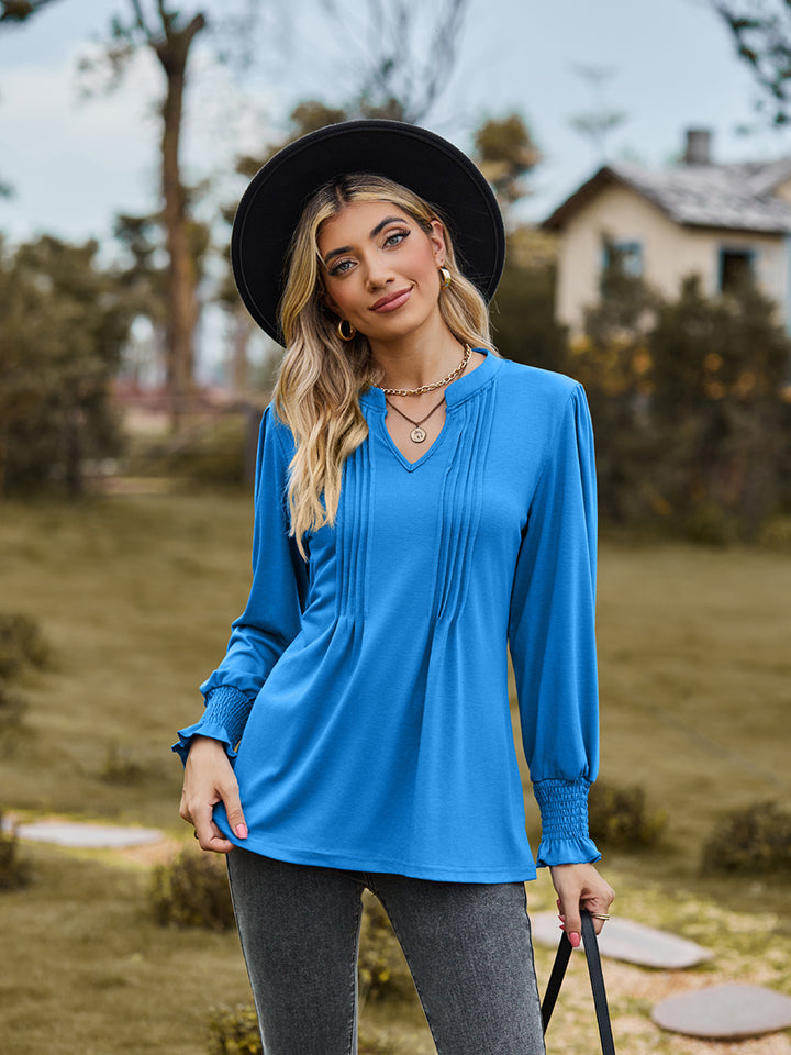 Sky Blue Notched neck pintuck blouse with flounce sleeves