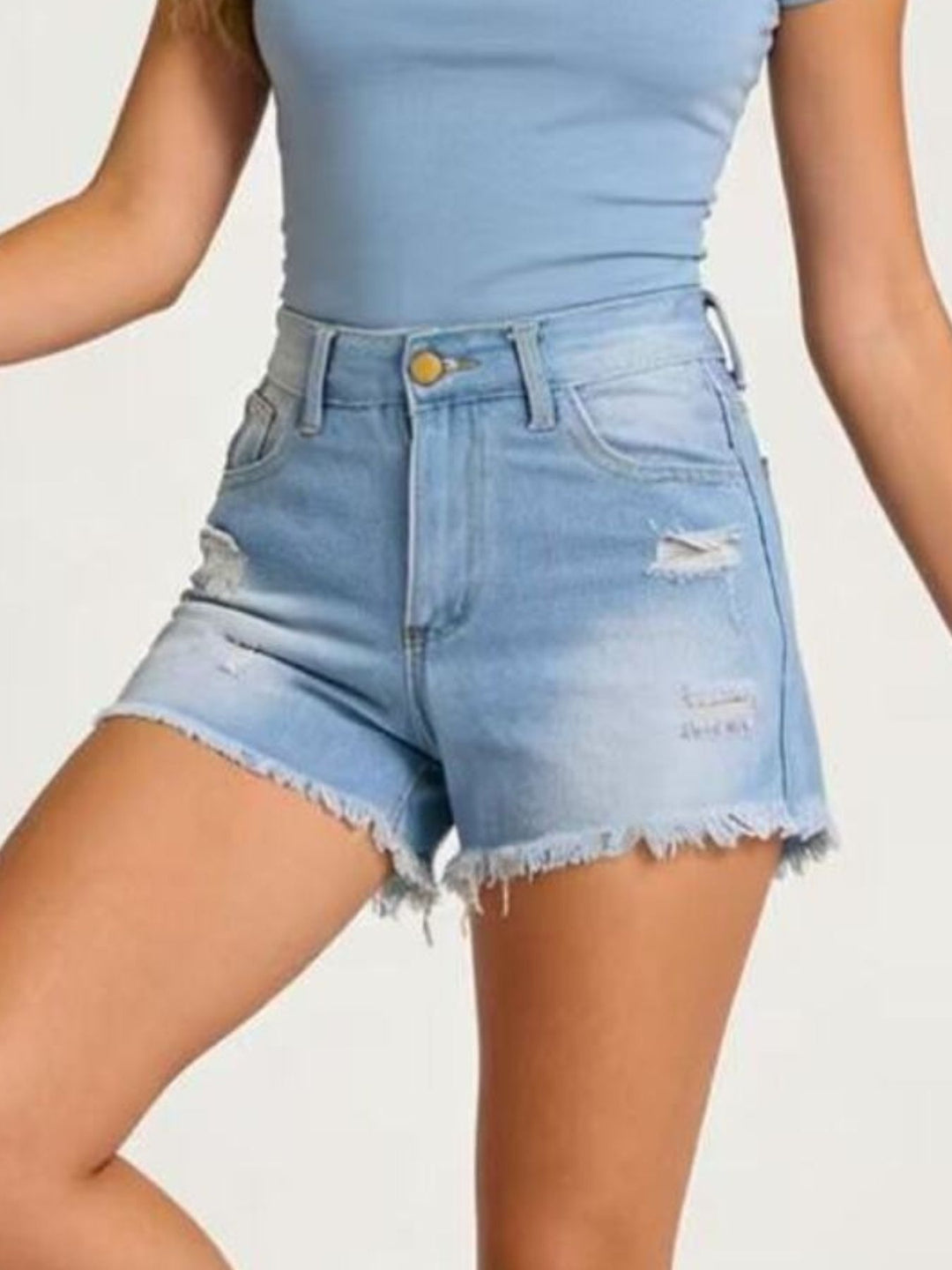 Distressed high-rise denim shorts with frayed raw hem