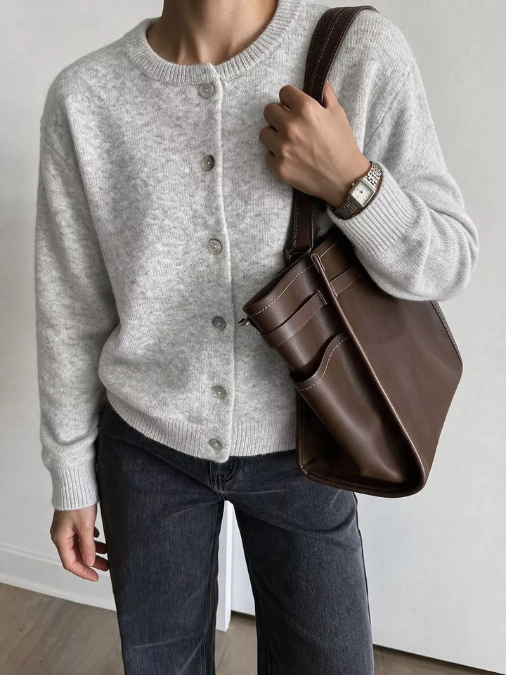 Brushed knit button-down cardigan with ribbed crew neck