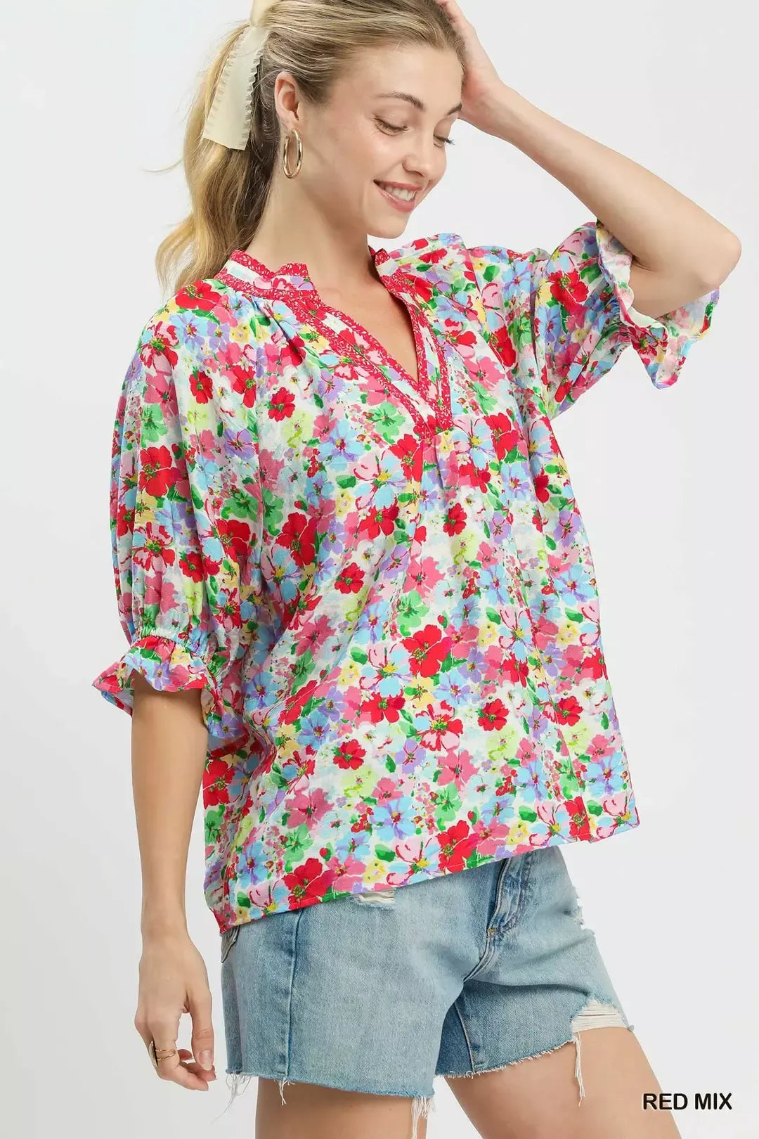 Mixed floral ruffle-sleeve top with split V-neck