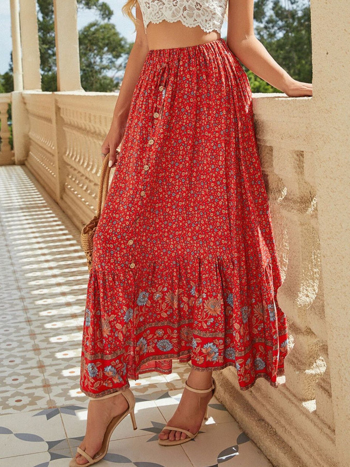 Floral print button-front midi skirt with side slit
