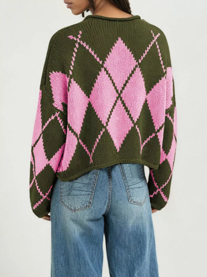 Argyle knit dropped shoulder sweater with ribbed trim