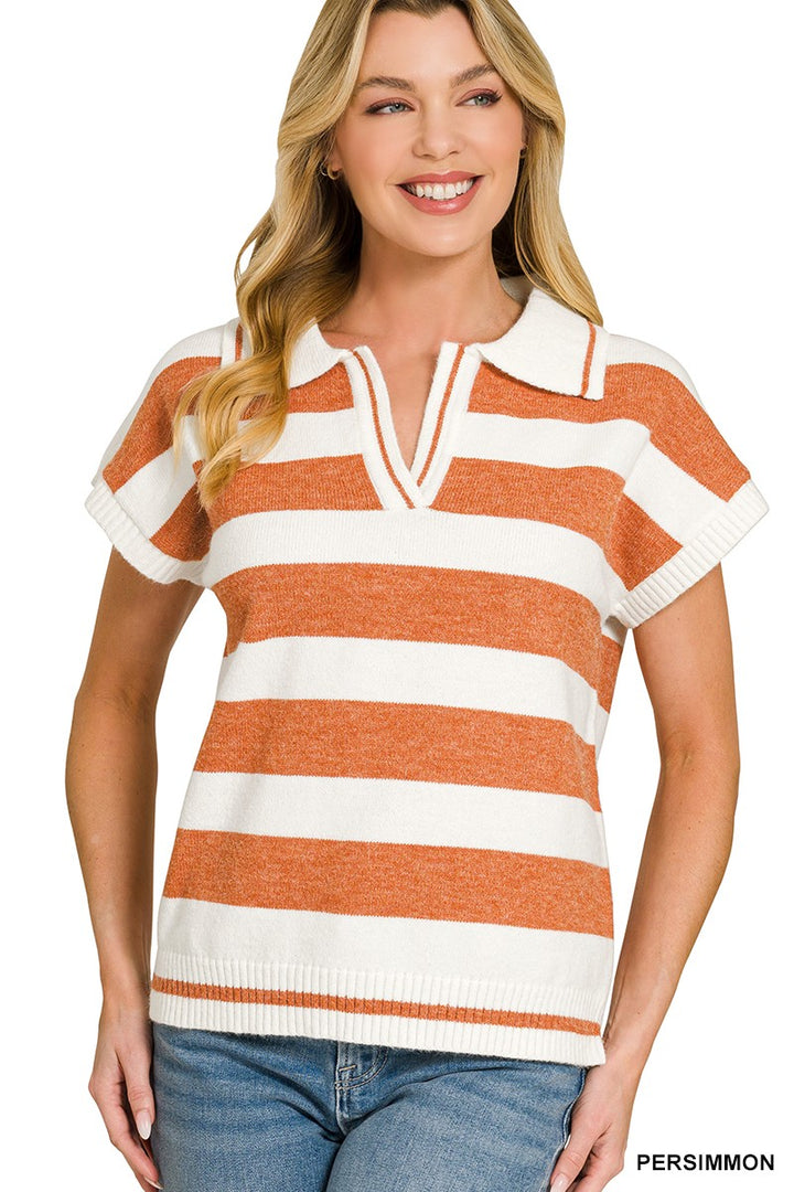 PERSIMMON Striped short sleeve collared knit sweater