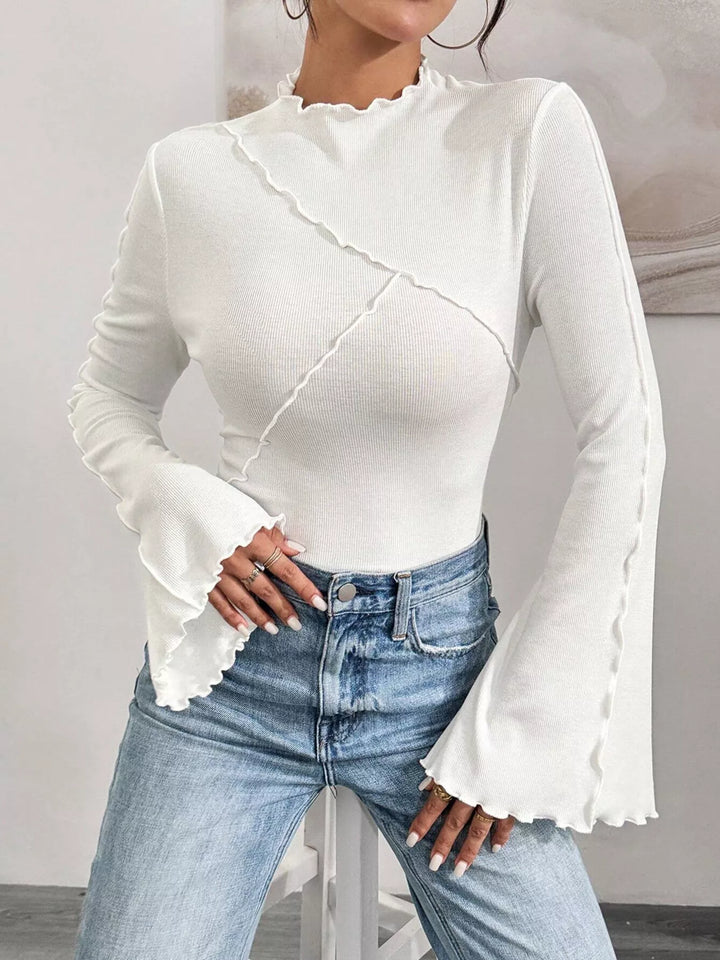 Ribbed knit mock neck top with lettuce-edge flare sleeves