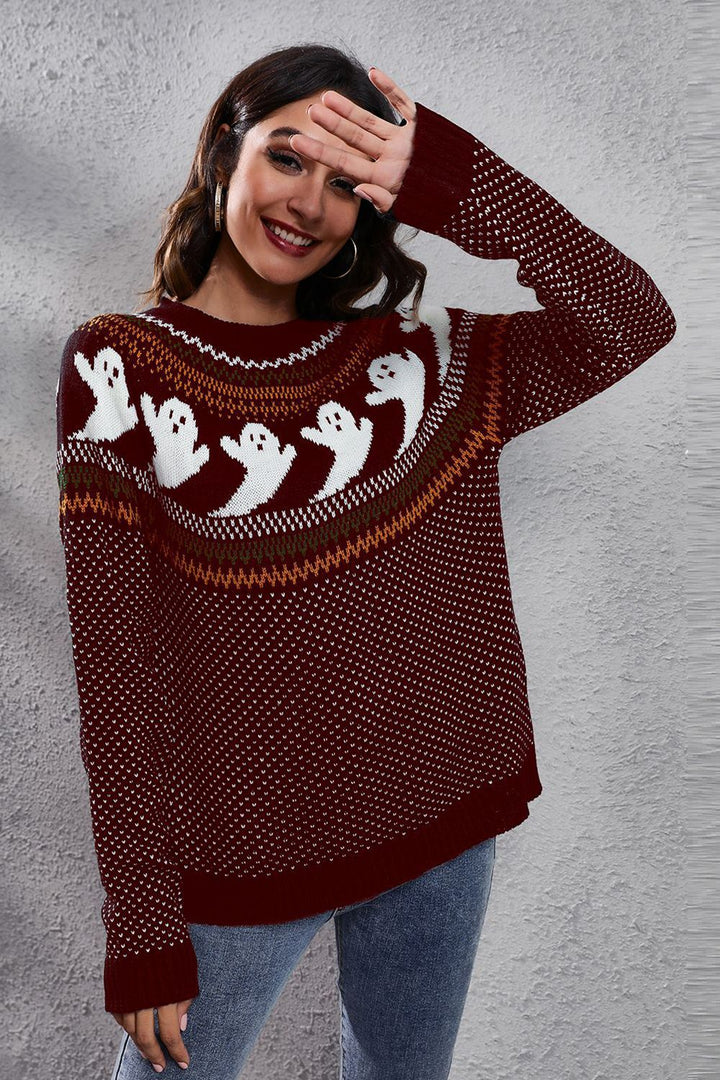 Wine Ghost print Fair Isle knit crew neck pullover sweater
