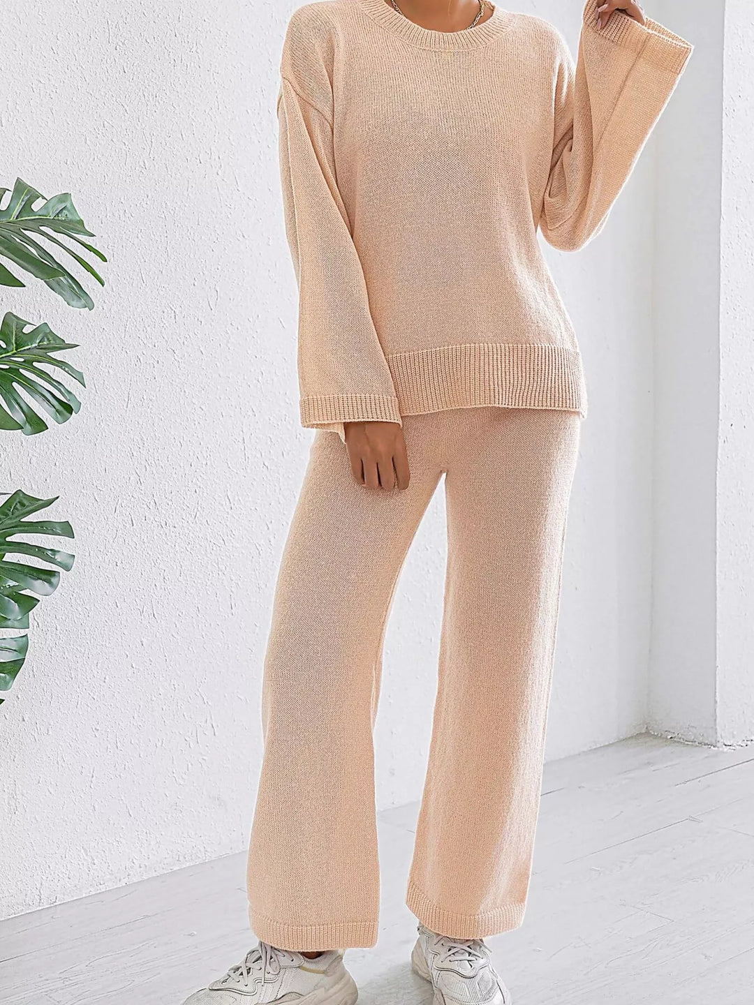 Drop shoulder knit sweater and wide leg pants set