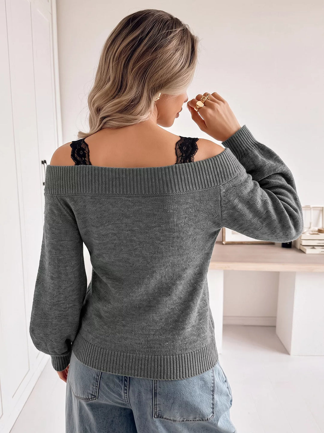 Lace trim off-shoulder V-neck knit sweater