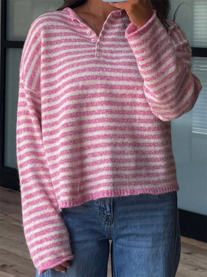Striped dropped-shoulder collared sweater with button placket