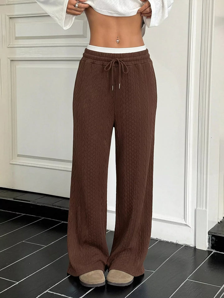 Diamond-textured wide-leg pants with contrast waistband
