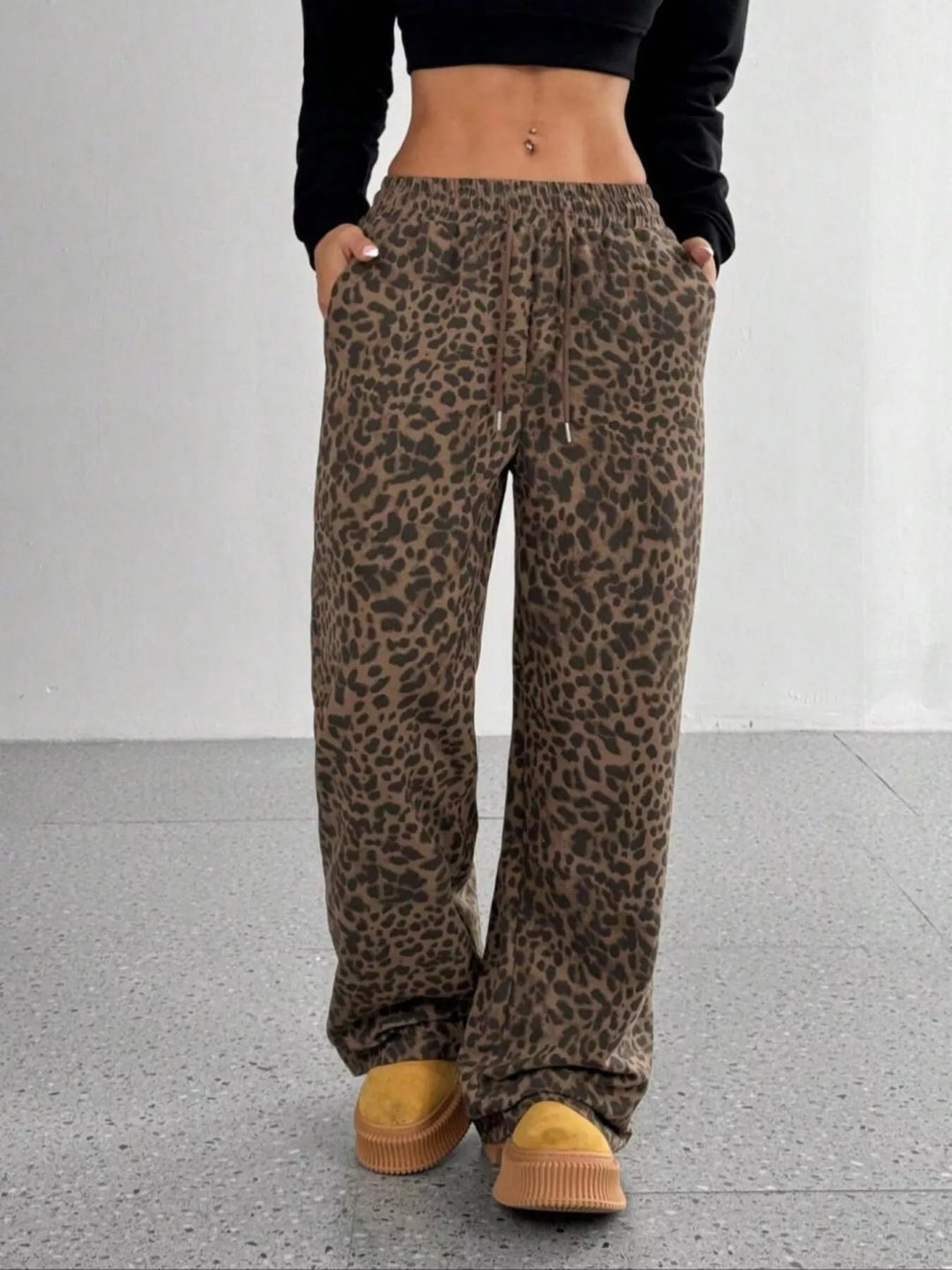 Leopard print wide-leg pants with drawstring waist